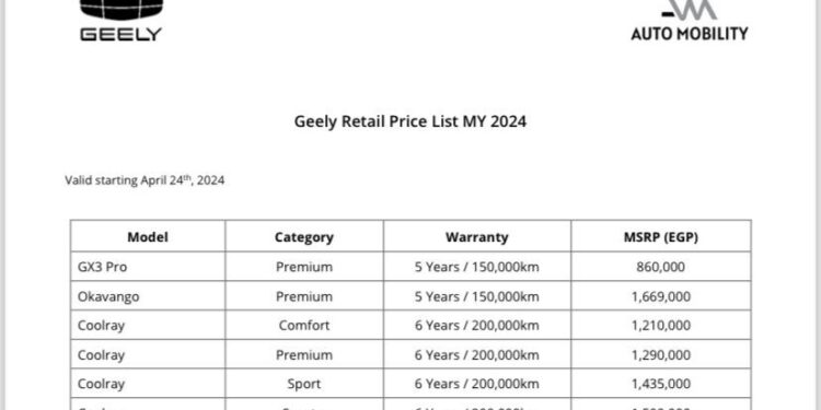 تعرف علي القائمة الجديدة لأسعار سيارات چيلي من أوتو موبيليتي